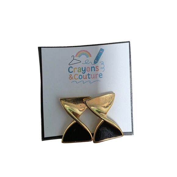 Vintage GoldTone Large Square Earrings Shaped Earrings Geometric HourGlass Black - Picture 1 of 3